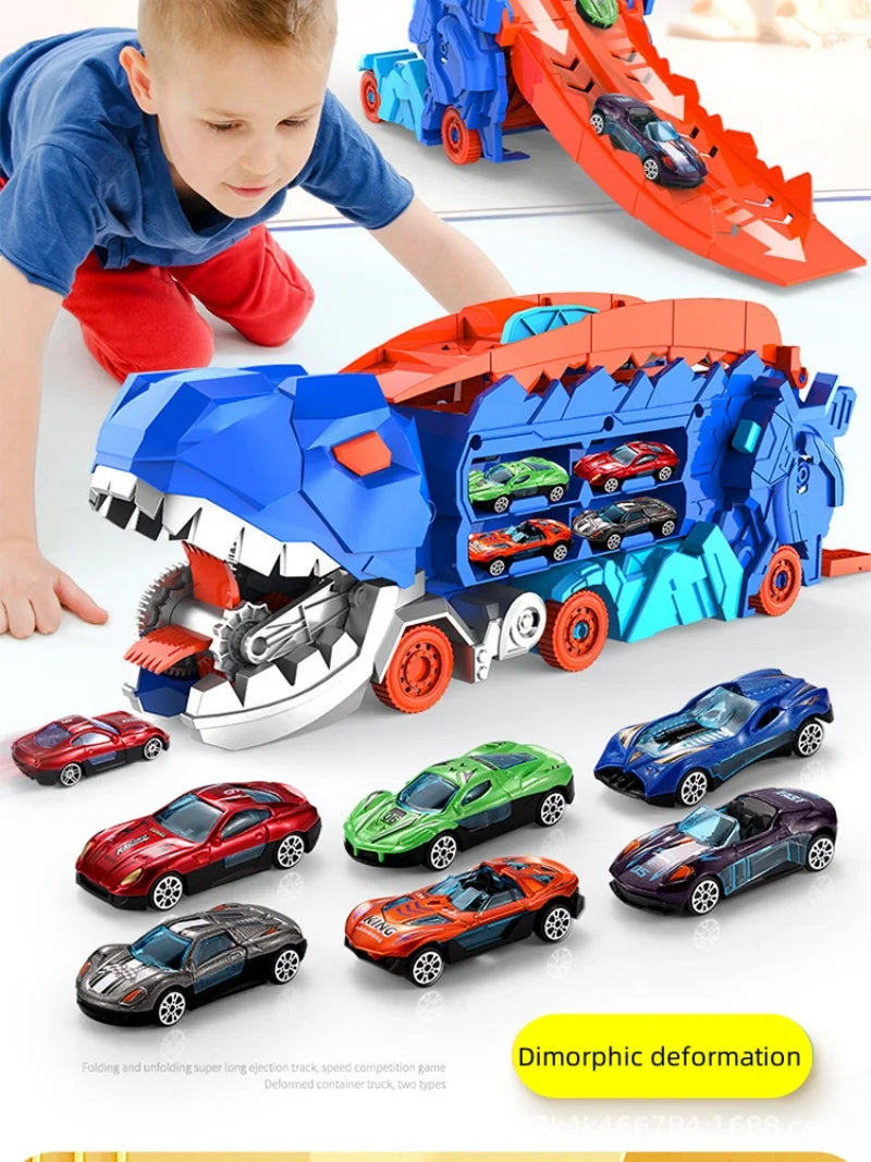 25 inch transport truck for kids Tyrannosaurus Rex dinosaur devours rail car toy Deformation catapult Alloy car gift