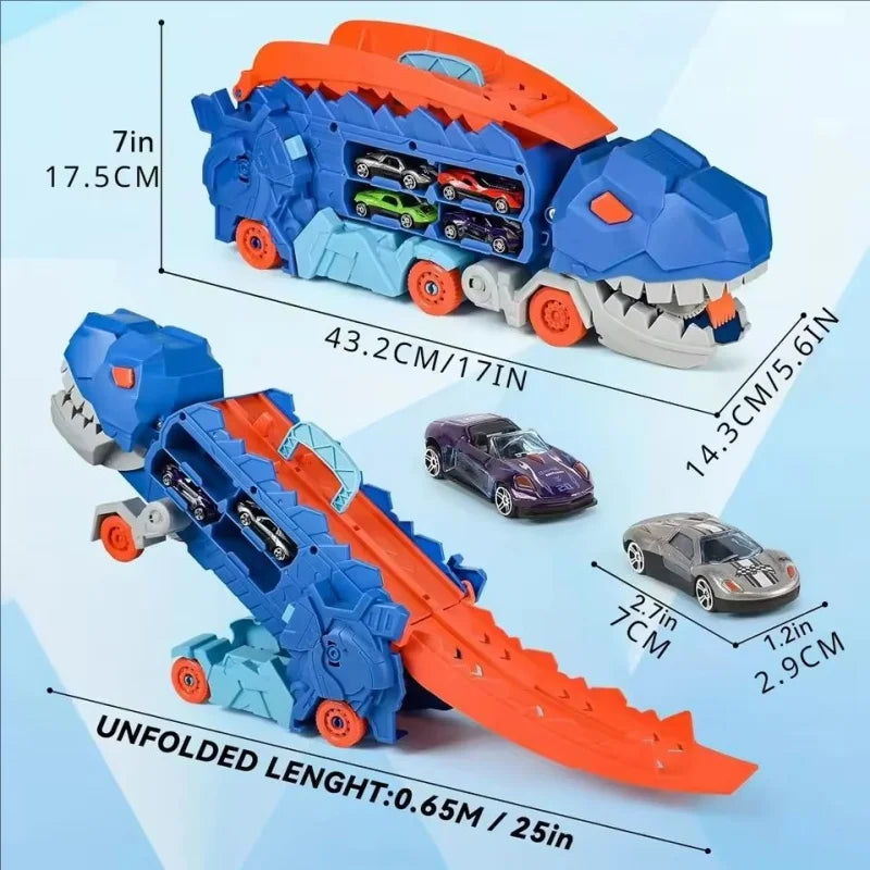 25 inch transport truck for kids Tyrannosaurus Rex dinosaur devours rail car toy Deformation catapult Alloy car gift