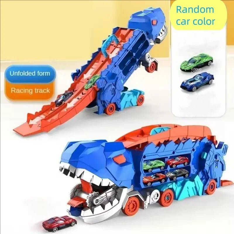 25 inch transport truck for kids Tyrannosaurus Rex dinosaur devours rail car toy Deformation catapult Alloy car gift