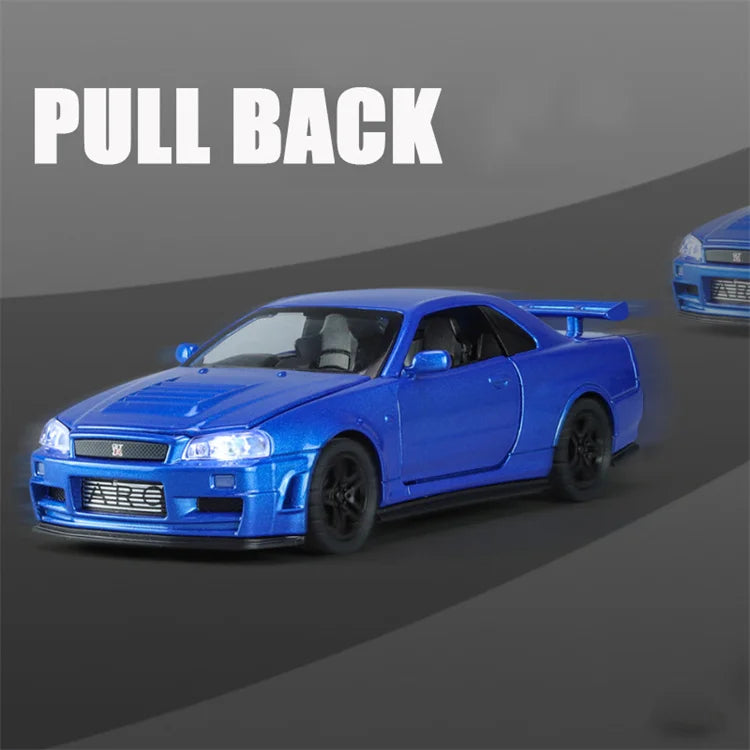 1🚗 MINI AUTO 1:32 Nissan R34 Diecast Model Car – Pull Back | Sound & Light | Opening Doors