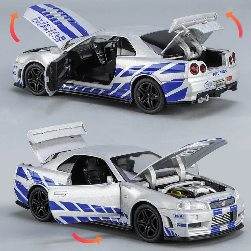 1:32 R34 Alloy Diecast Model Car – Sound, Light & Pull-Back Action