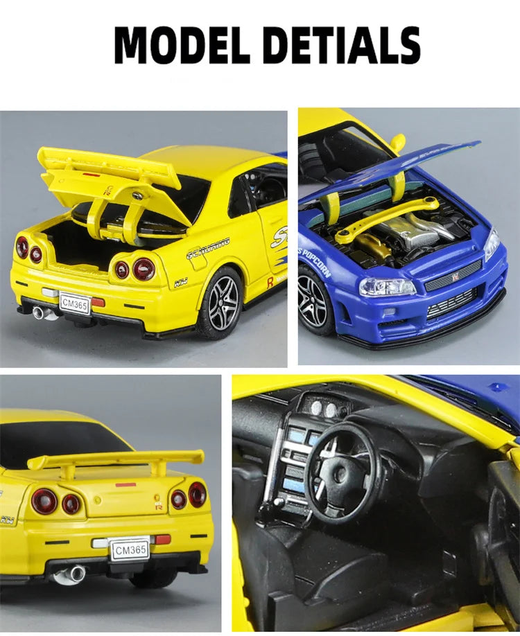 1:32 R34 Alloy Diecast Model Car – Sound, Light & Pull-Back Action