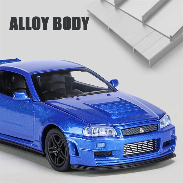 1🚗 MINI AUTO 1:32 Nissan R34 Diecast Model Car – Pull Back | Sound & Light | Opening Doors