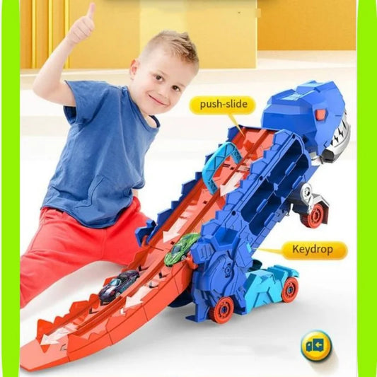 25 inch transport truck for kids Tyrannosaurus Rex dinosaur devours rail car toy Deformation catapult Alloy car gift