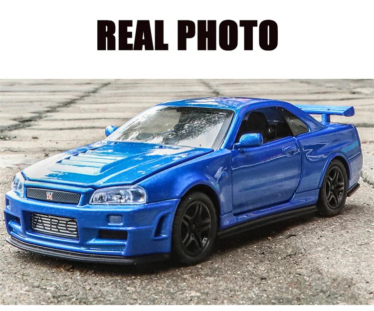 1:32 R34 Alloy Diecast Model Car – Sound, Light &amp; Pull-Back Action