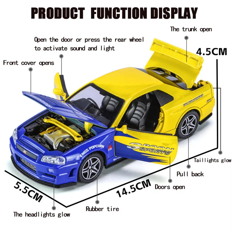 1:32 R34 Alloy Diecast Model Car – Sound, Light &amp; Pull-Back Action