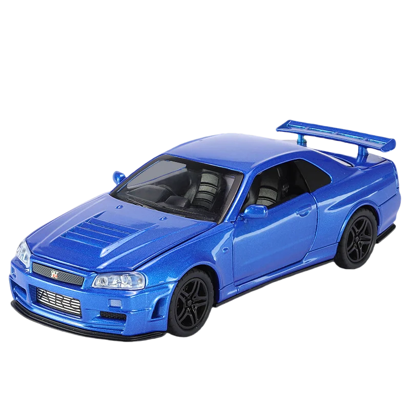 1🚗 MINI AUTO 1:32 Nissan R34 Diecast Model Car – Pull Back | Sound & Light | Opening Doors