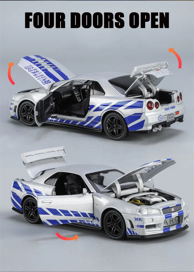 1:32 R34 Alloy Diecast Model Car – Sound, Light &amp; Pull-Back Action