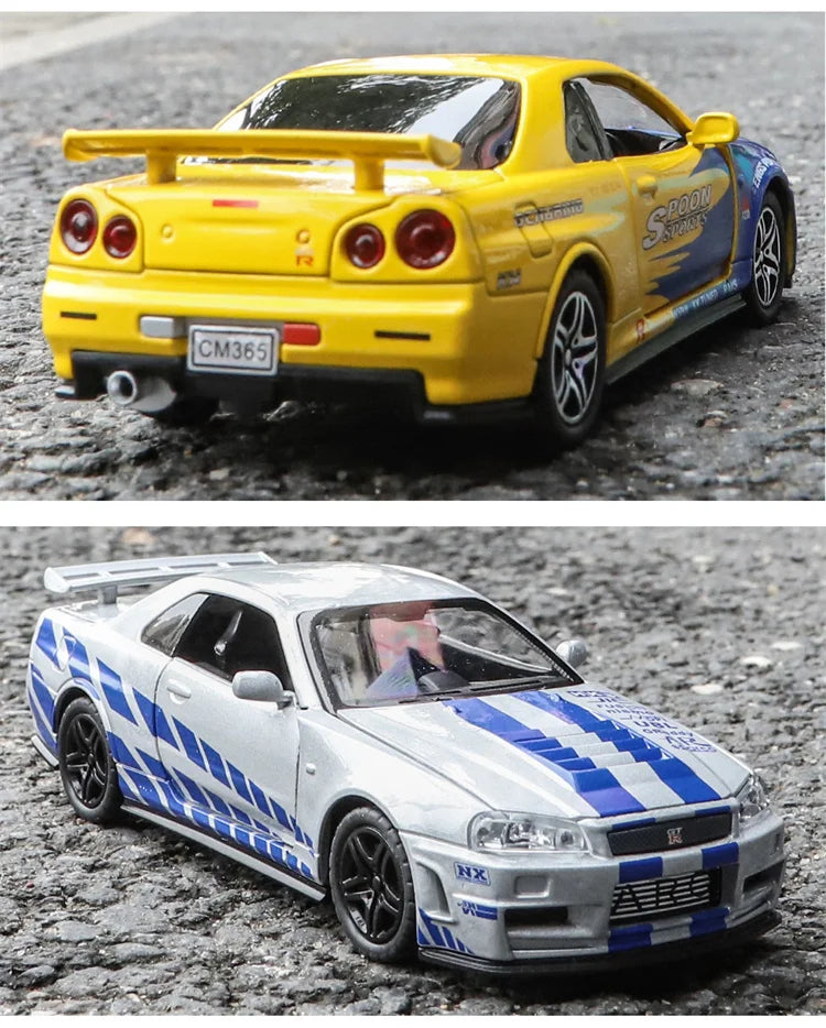 1:32 R34 Alloy Diecast Model Car – Sound, Light &amp; Pull-Back Action