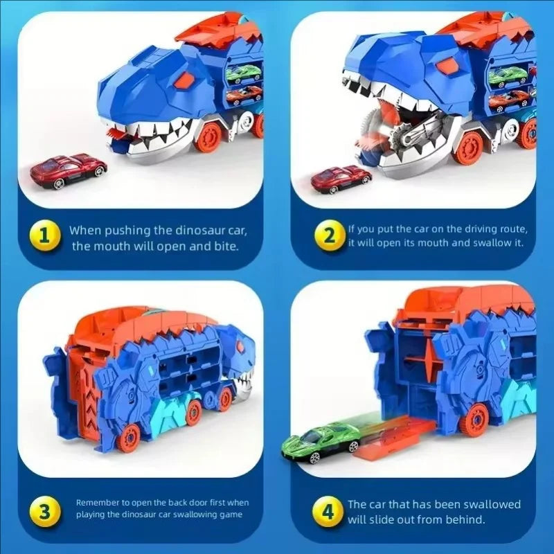 25 inch transport truck for kids Tyrannosaurus Rex dinosaur devours rail car toy Deformation catapult Alloy car gift