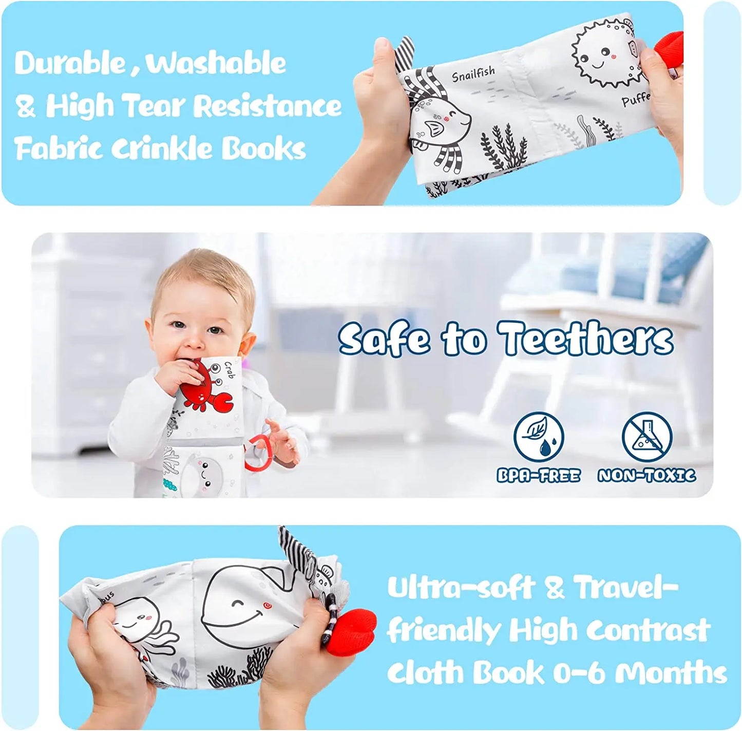 3D Touch Feel High Contrast Cloth Sensory Book Baby Toys 0 6 12 Months Early Learning Stroller Toys for Infants Toddler Gifts