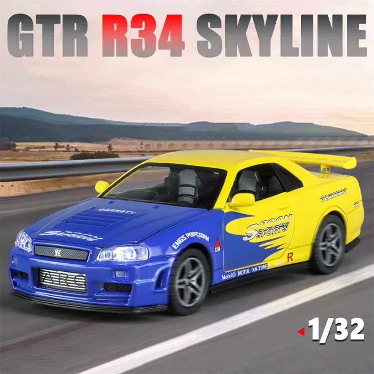 1:32 R34 Alloy Diecast Model Car – Sound, Light &amp; Pull-Back Action