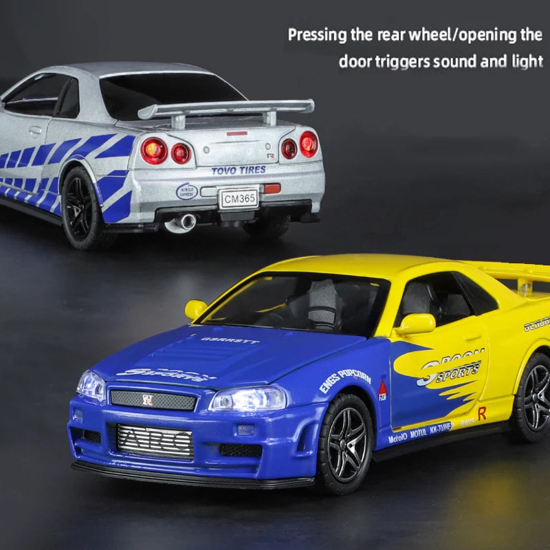 1:32 R34 Alloy Diecast Model Car – Sound, Light &amp; Pull-Back Action