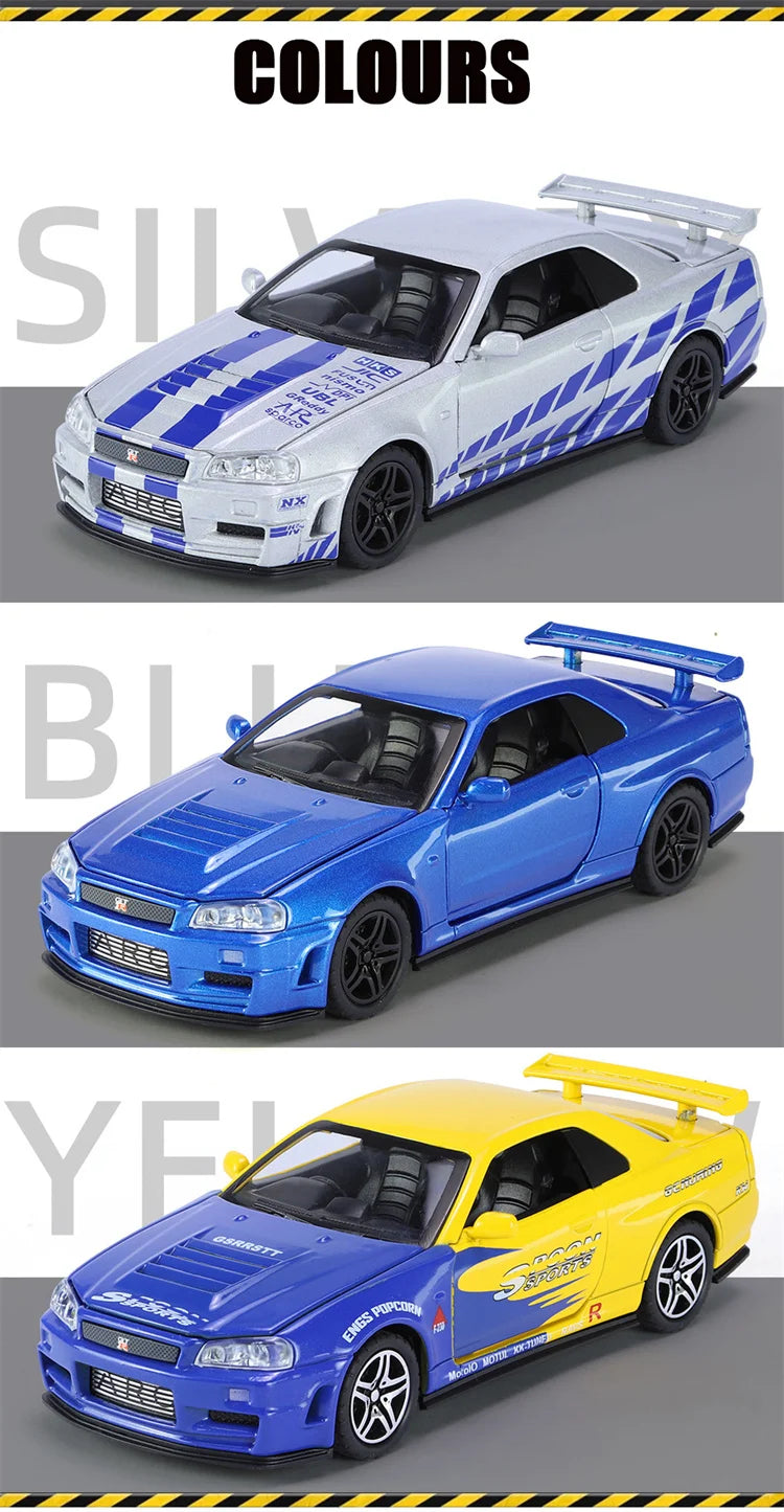 1:32 R34 Alloy Diecast Model Car – Sound, Light &amp; Pull-Back Action