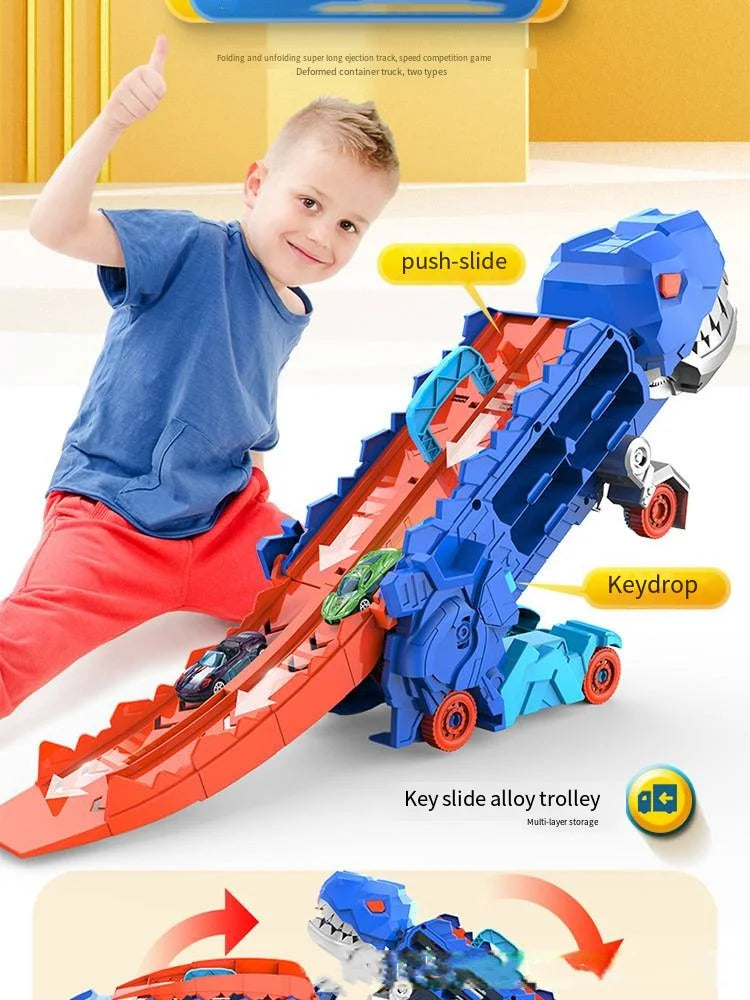 25 inch transport truck for kids Tyrannosaurus Rex dinosaur devours rail car toy Deformation catapult Alloy car gift