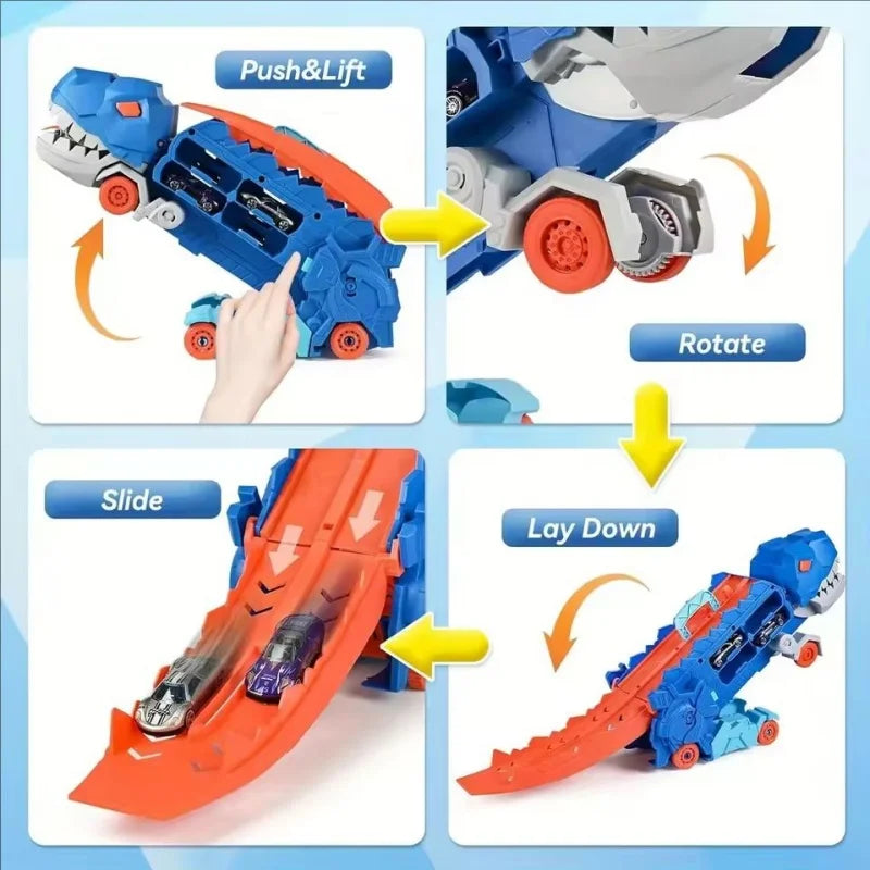 25 inch transport truck for kids Tyrannosaurus Rex dinosaur devours rail car toy Deformation catapult Alloy car gift